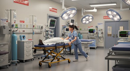 Caring Nurse Moving Patient on Stretcher in Modern Hospital Room