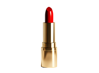 A vibrant red lipstick in its golden tube, centered on a white background with studio lighting.
