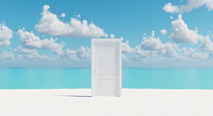 Surreal white door on a tropical beach, facing the calm ocean and sky full of fluffy clouds, representing imagination or freedom

