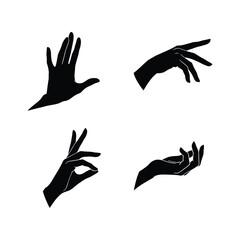 "Silhouette Set of Female Hand Gestures – OK Sign, Open Palm, and Fingers Pose Icons on White Background"