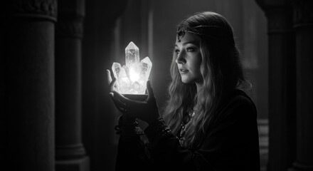 Monochrome portrait of a woman holding illuminated crystals in a dimly lit interior scene