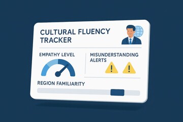 Cultural Fluency Tracker Interface Showing Empathy Gauge, Misunderstanding Alerts, and Region Familiarity Score
