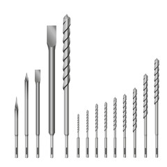 Realistic 3d Detailed Metallic Drill for rock-drill or perforator Bits Set Tools for Construction Work, Drilling Hole.