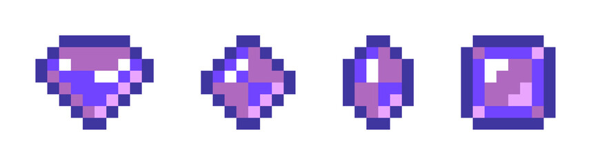 Fototapeta premium Set of pixel art colorful gems and crystals for 2D game UI inventory. Retro 8-bit magic jewelry assets.