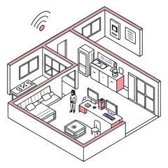Isometric view of a modern apartment interior with furniture and a person standing inside the room