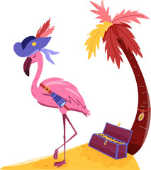 Flamingo Vector. flamingo captain on the island with palm. Tropical Bird with hat and chest of gold. Summer time. Isolated on white background. Hand drawn illustration.