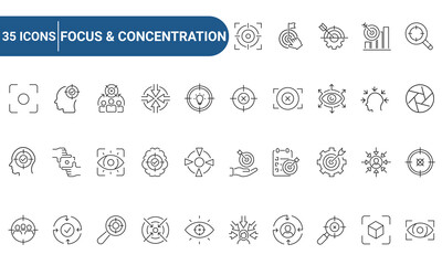 Focus icon set. Contains icons related to focus, concentration, and more. Outline Icon Collection. Editable stroke. Vector illustration