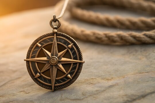 Bronze Compass Pendant on Light Stone Surface – Nautical Jewelry with Rope Chain and Adventure Symbolism