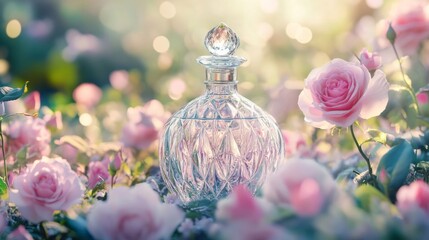 Luxury glass bottle surrounded by blooming roses, garden environment, romantic and high-end feeling. generative ai