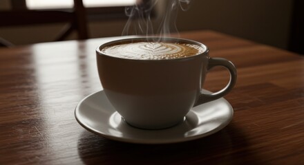 Obraz premium Steaming cup of cappuccino with latte art heart on a textured wooden table