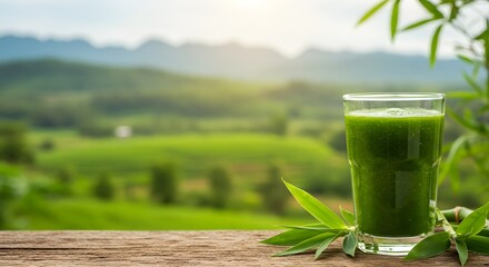 Refreshing green juice in a glass on wooden table with scenic background of lush green hills and sunlight. Perfect for wellness, detox, nature, or organic lifestyle concepts.

