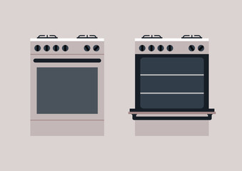 A display features two kitchen ovens, one closed and one open, highlighting their unique designs and functional capabilities, perfect for modern culinary endeavors