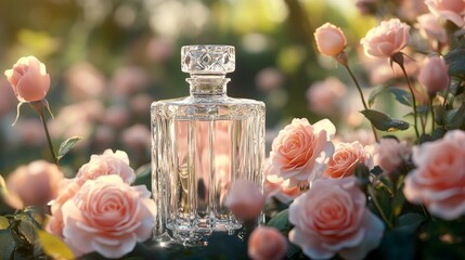 Luxury glass bottle surrounded by blooming roses, garden environment, romantic and high-end feeling. generative ai