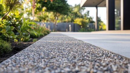 Gravel border edging a paved patio area.