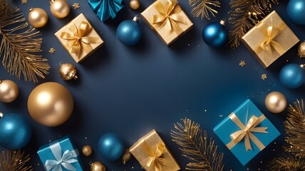 Luxury Blue and Gold Holiday Gift Box Flat Lay with Festive Ornaments