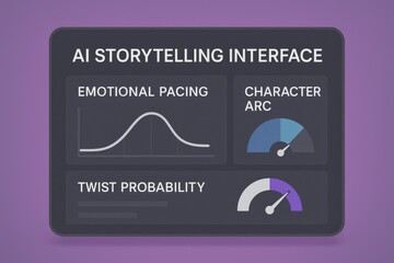 AI Storytelling Interface Showing Emotional Pacing Graph, Character Arc Strength, and Twist Probability Gauge on Purple UI
