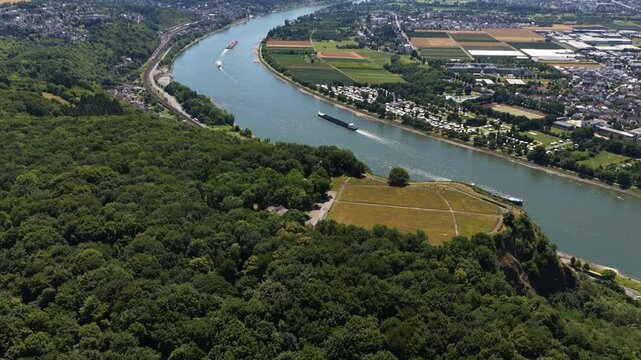 Ludendorff Bridge, WW2 icon, Remagen bridge, rhine river. Aerial video. World war 2 memorial and museum.