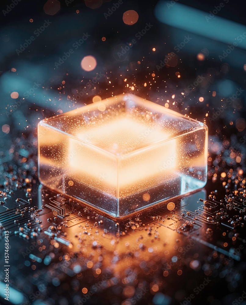 Poster glowing circuit board with illuminated microchip depicts technology future, ai generative
