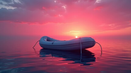 A bright orange inflatable boat floating on water reflecting the soft pink and purple hues of a sunset.