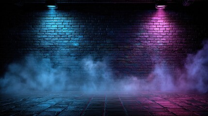 High quality photo of brick wall texture pattern, blue, and purple background, an empty dark scene, laser beams, neon, spotlights reflection on the floor, and a studio room with.