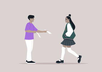 Two young individuals interact as one hands a flyer promoting volunteer opportunities in their local community, encouraging a student to join the cause and make a difference