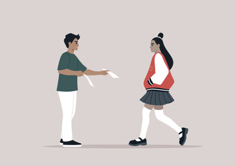 Two young individuals interact as one hands a flyer promoting volunteer opportunities in their local community, encouraging a student to join the cause and make a difference