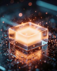 Glowing circuit board with illuminated microchip depicts technology future, AI Generative