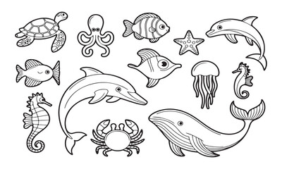 Set of marine animals black Line art silhouette in cartoon style, cute sea animals isolated on white background, sea outline fish desing alements for poster, card, printing characters.