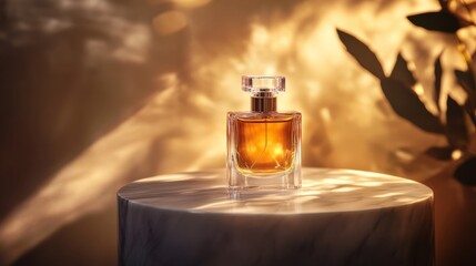 Perfume ad with gold flakes swirling around the bottle, spotlight, high fashion beauty commercial generative ai