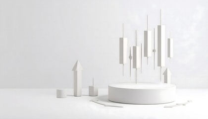 3D candlestick chart rising from a circular platform with upward arrows. Lower area filled with financial elements, top left clean for overlay or headline text.