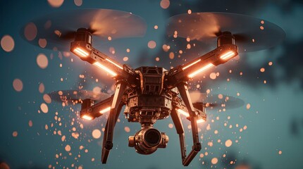 Drone equipped with lighting effects soaring above a vibrant night cityscape with stunning skyline views 3d render