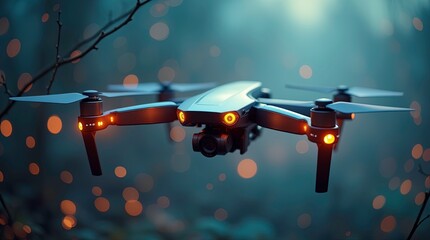 Drone equipped with lighting effects soaring above a vibrant night cityscape with stunning skyline views 3d render