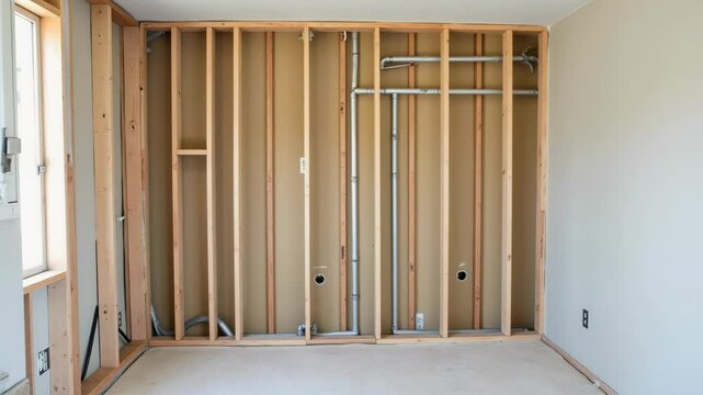 Exposed plumbing pipes and wires inside an unfinished wall, ready for drywall, highlighting home construction phase.


