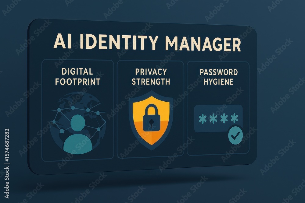 Poster ai identity manager dashboard showing digital footprint mapping, privacy strength shield, and passwo