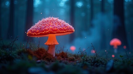 Luminous backlit glowing forest mushroom neon lights, captured in a dark shot, hyperdetailed 3d image