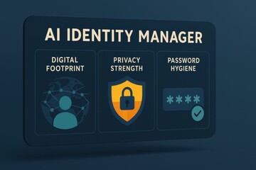 AI Identity Manager Dashboard Showing Digital Footprint Mapping, Privacy Strength Shield, and Password Hygiene Status
