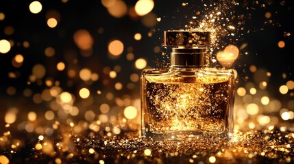 Perfume ad with gold flakes swirling around the bottle, spotlight, high fashion beauty commercial generative ai