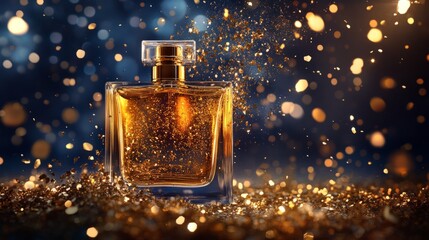 Perfume ad with gold flakes swirling around the bottle, spotlight, high fashion beauty commercial generative ai