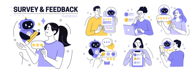 Review set. Characters use artificial intelligence to fill survey form, give feedback, customer evaluation rating. User experience concept. Vector illustration. 