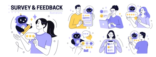  Review set. Characters use artificial intelligence to fill survey form, give feedback, customer evaluation rating. User experience concept. Vector illustration.  © Irina Strelnikova