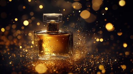 Perfume ad with gold flakes swirling around the bottle, spotlight, high fashion beauty commercial generative ai