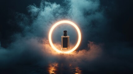 Perfume bottle inside a glowing ring, surrounded by fine mist, surreal and impactful visual design generative ai