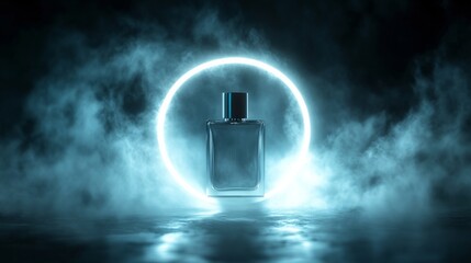 Perfume bottle inside a glowing ring, surrounded by fine mist, surreal and impactful visual design generative ai