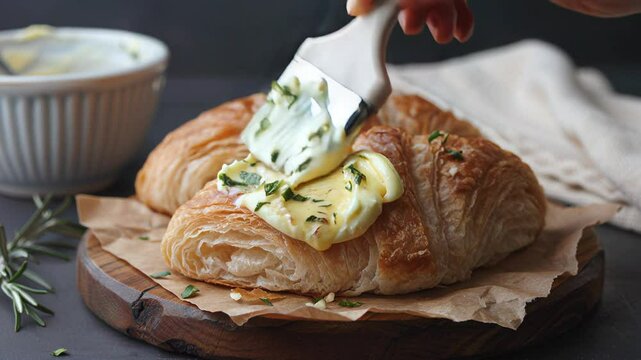 Brushing garlic herb butter on croissant in slow motion closeup