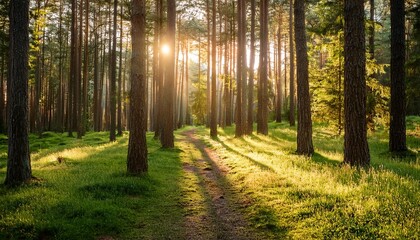 Fototapeta premium sunlit forest path with green foliage and tree shadows in natural light
