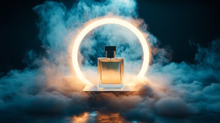 Perfume bottle inside a glowing ring, surrounded by fine mist, surreal and impactful visual design generative ai