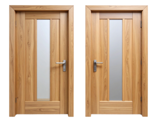  Modern Open Double Wooden Doors with Frosted Glass Insets, transparent background