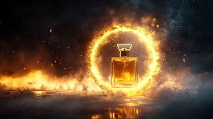 Perfume bottle inside a glowing ring, surrounded by fine mist, surreal and impactful visual design generative ai