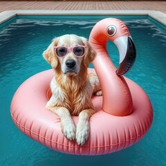 A golden retriever wearing pink sunglasses relaxes on a pink flamingo float in a swimming pool 
