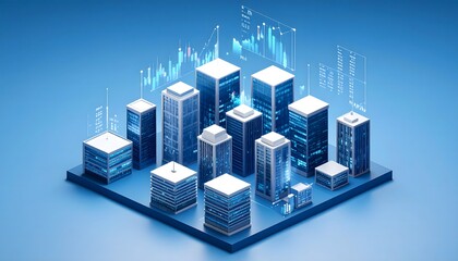 Fototapeta premium 3D isometric city skyline with stock market data visualizations hovering above skyscrapers. Open sky area left clean for overlay text or marketing use.